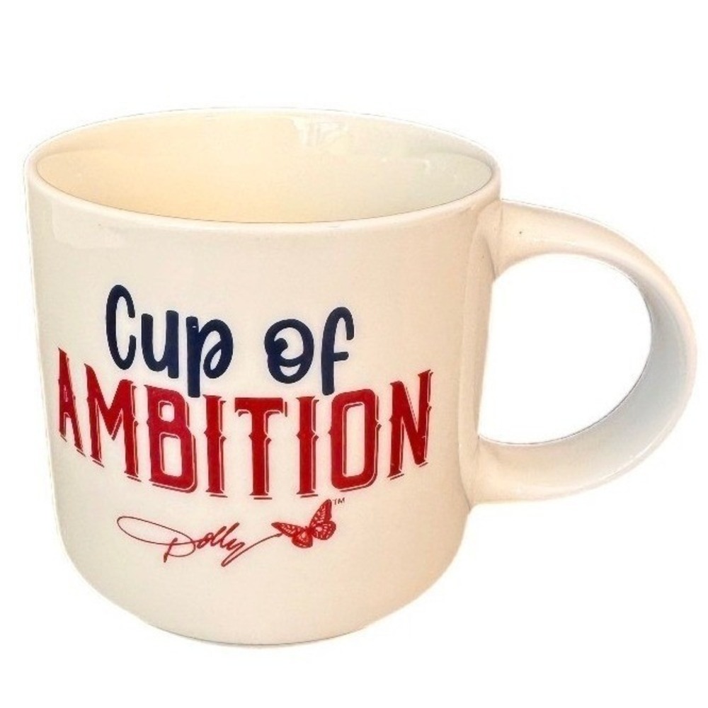 Dolly Parton Cup of Ambition Coffee Mug Women White Red Blue 9 to 5 Butterfly